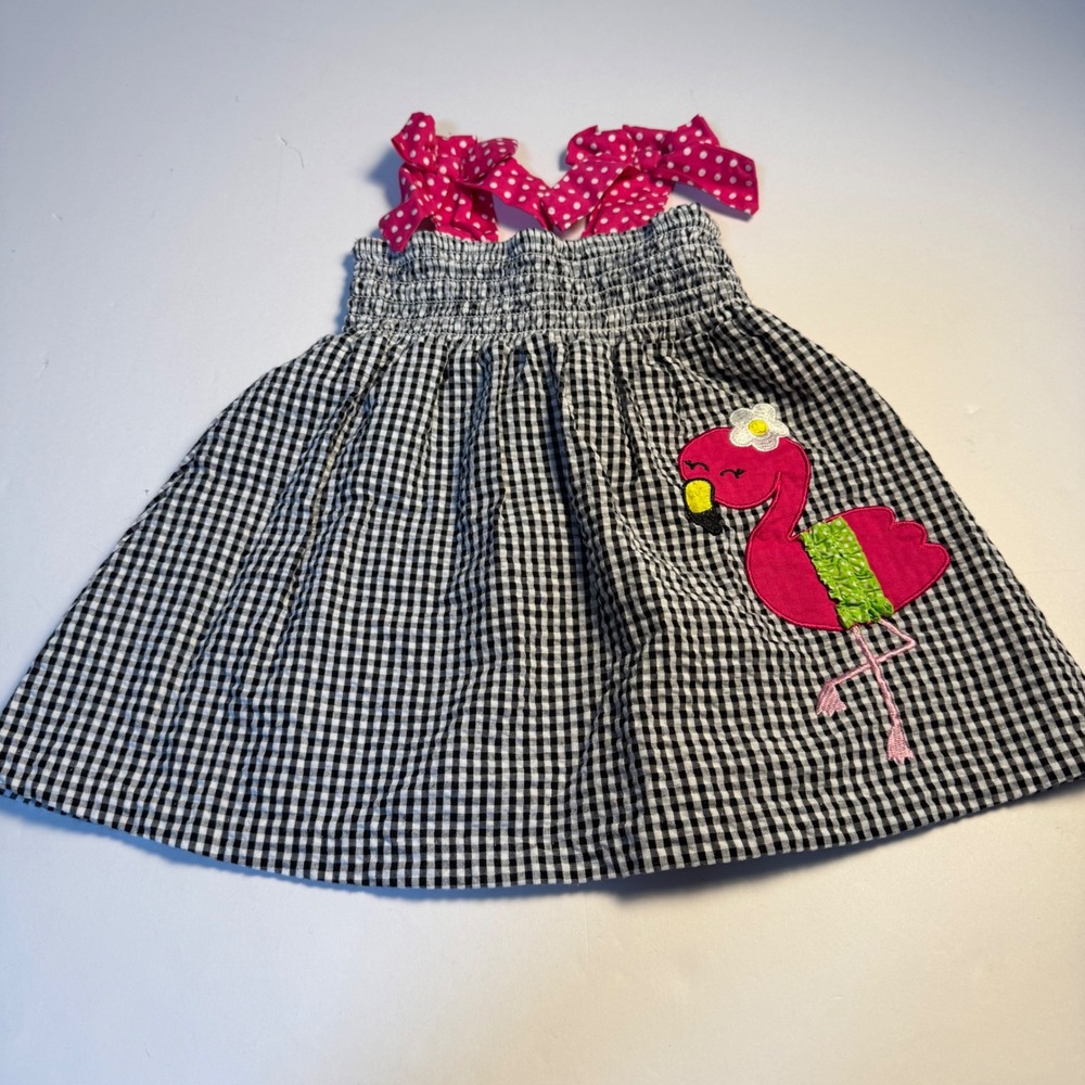 Rare Too Baby Girl Gingham Flamingo Dress Pink Polka Dot Bows 12M Black White